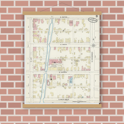 Old map wall art mockup — magnetic wood frame on brick wall — Sanborn Fire Insurance Map from Lock Haven, Clinton County, Pennsylvania (1891), Sheet #0003