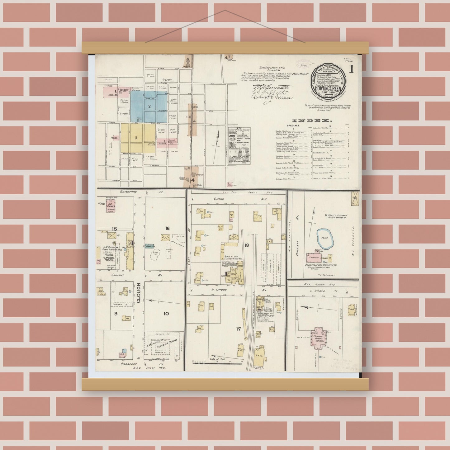 Old map wall art mockup — magnetic wood frame on brick wall — Sanborn Fire Insurance Map from Bowling Green, Wood County, Ohio (1888) - Complete Map Set