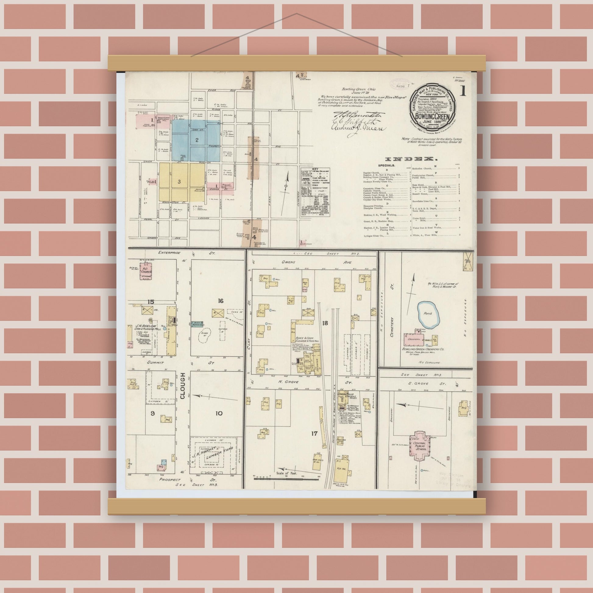 Old map wall art mockup — magnetic wood frame on brick wall — Sanborn Fire Insurance Map from Bowling Green, Wood County, Ohio (1888) - Complete Map Set