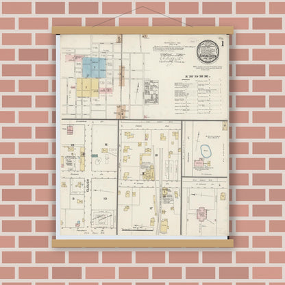 Old map wall art mockup — magnetic wood frame on brick wall — Sanborn Fire Insurance Map from Bowling Green, Wood County, Ohio (1888) - Complete Map Set