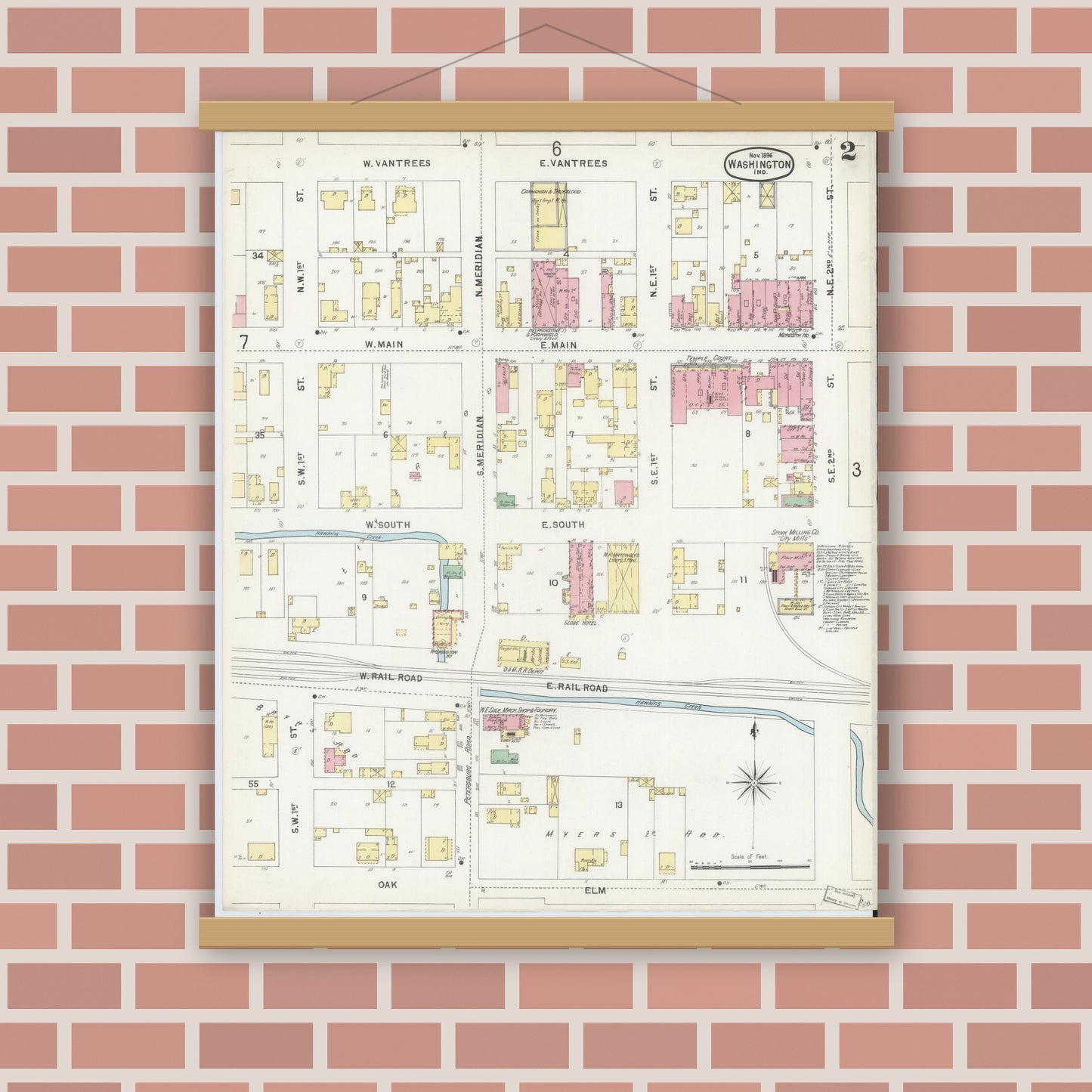 Old map wall art mockup — magnetic wood frame on brick wall — Sanborn Fire Insurance Map from Washington, Daviess County, Indiana (1896), Sheet #0002