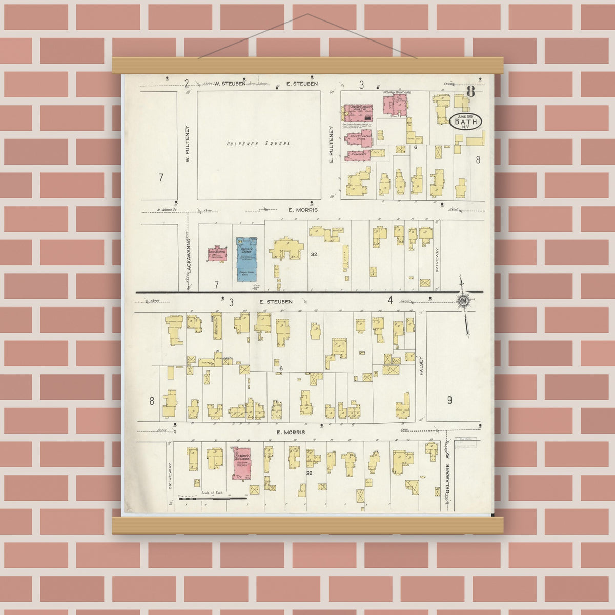 Old map wall art mockup — magnetic wood frame on brick wall — Sanborn Fire Insurance Map from Bath, Steuben County, New York (1915), Sheet #0008