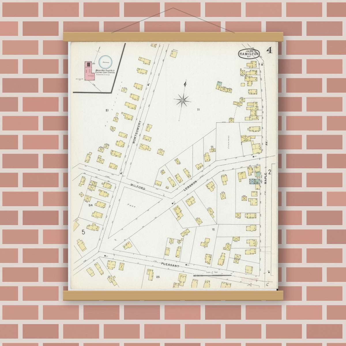 Old map wall art mockup — magnetic wood frame on brick wall — Sanborn Fire Insurance Map from Hamilton, Madison County, New York (1896), Sheet #0004