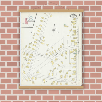 Old map wall art mockup — magnetic wood frame on brick wall — Sanborn Fire Insurance Map from Hamilton, Madison County, New York (1896), Sheet #0004