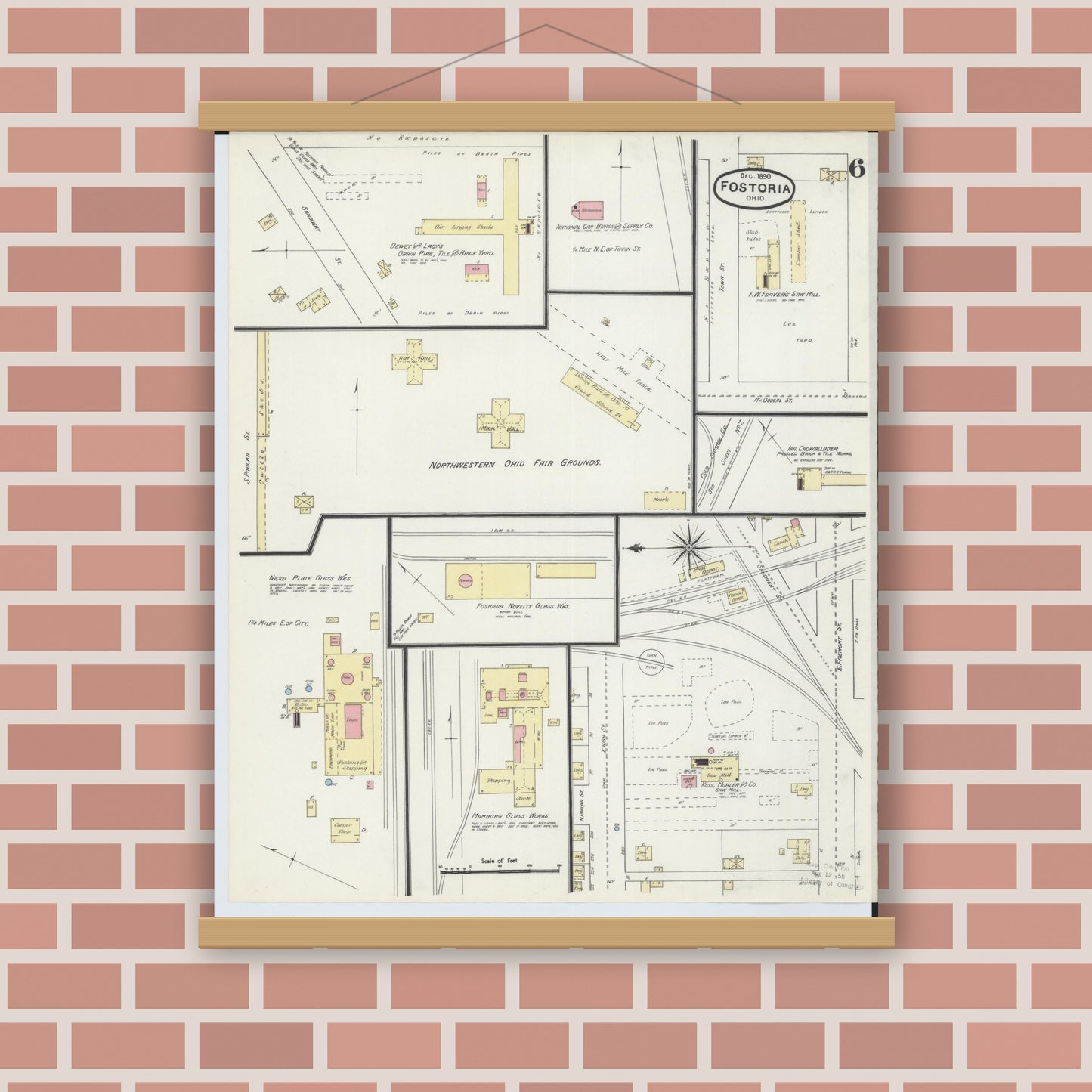 Old map wall art mockup — magnetic wood frame on brick wall — Sanborn Fire Insurance Map from Fostoria, Seneca, Hancock, And Wood Counties, Ohio (1891), Sheet #0006