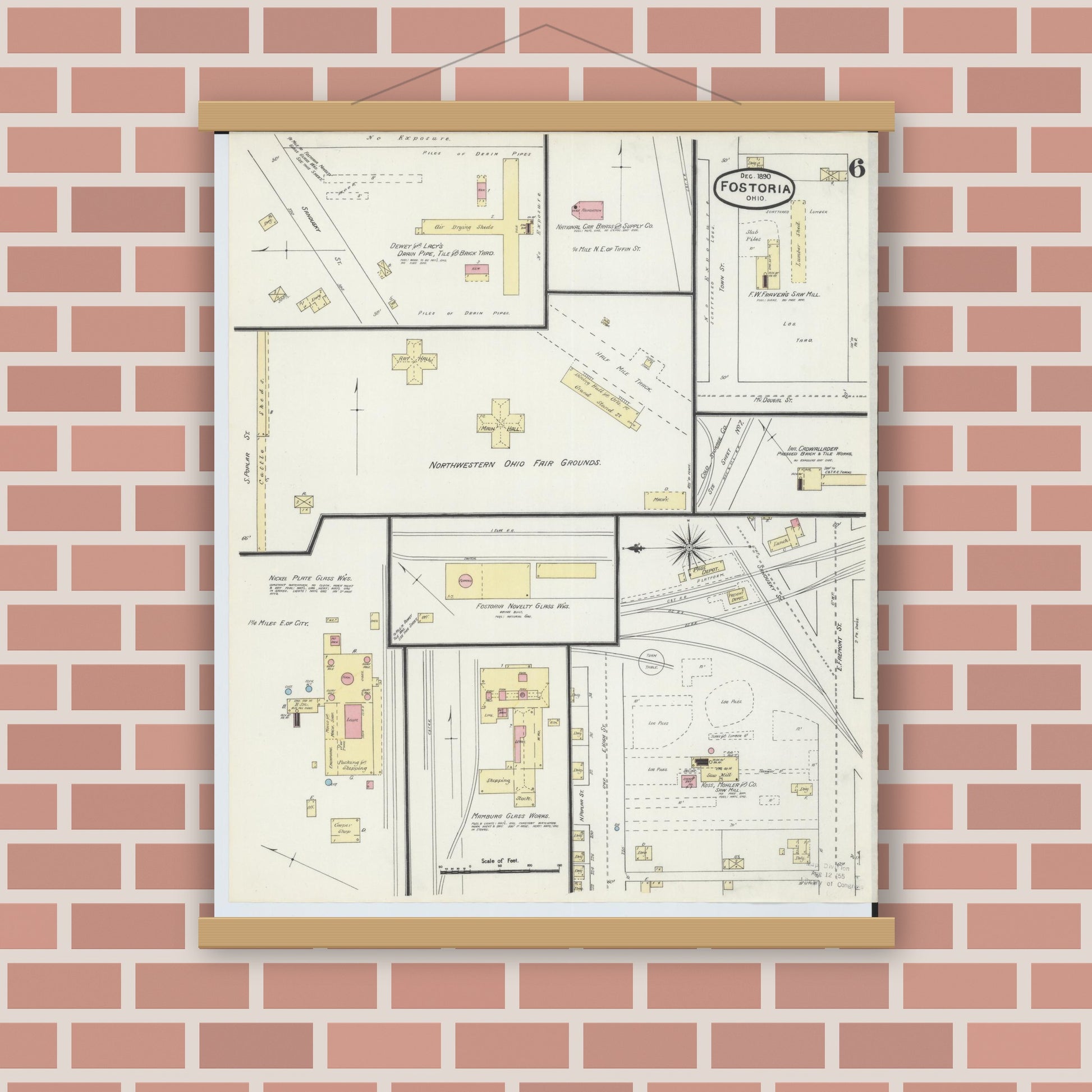 Old map wall art mockup — magnetic wood frame on brick wall — Sanborn Fire Insurance Map from Fostoria, Seneca, Hancock, And Wood Counties, Ohio (1891), Sheet #0006