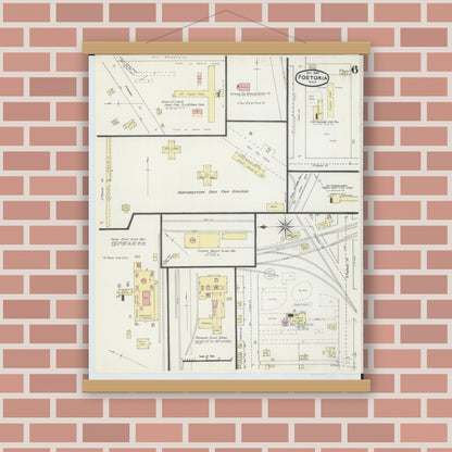 Old map wall art mockup — magnetic wood frame on brick wall — Sanborn Fire Insurance Map from Fostoria, Seneca, Hancock, And Wood Counties, Ohio (1891), Sheet #0006