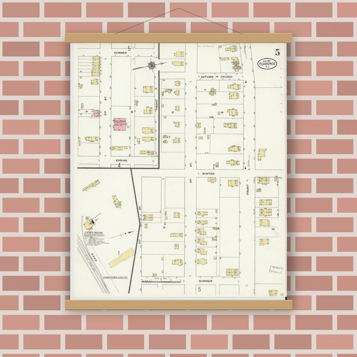 Old map wall art mockup — magnetic wood frame on brick wall — Sanborn Fire Insurance Map from Florence, Burlington County, New Jersey (1910), Sheet #0005