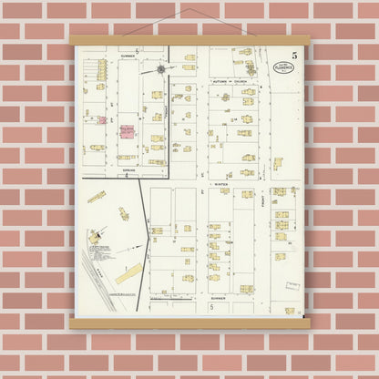 Old map wall art mockup — magnetic wood frame on brick wall — Sanborn Fire Insurance Map from Florence, Burlington County, New Jersey (1910), Sheet #0005
