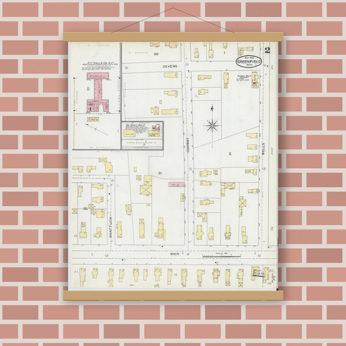 Old map wall art mockup — magnetic wood frame on brick wall — Sanborn Fire Insurance Map from Greenfield, Franklin County, Massachusetts (1892), Sheet #0002