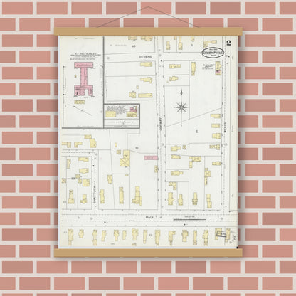 Old map wall art mockup — magnetic wood frame on brick wall — Sanborn Fire Insurance Map from Greenfield, Franklin County, Massachusetts (1892), Sheet #0002
