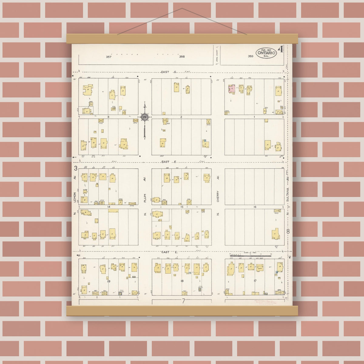 Old map wall art mockup — magnetic wood frame on brick wall — Sanborn Fire Insurance Map from Ontario, San Bernardino County, California (1912), Sheet #0004