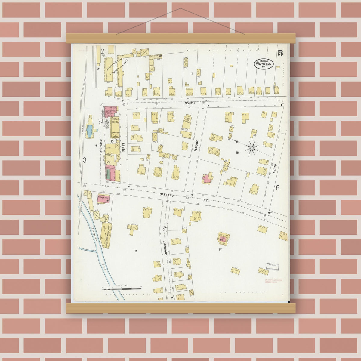 Old map wall art mockup — magnetic wood frame on brick wall — Sanborn Fire Insurance Map from Warwick, Orange County, New York (1900), Sheet #0005