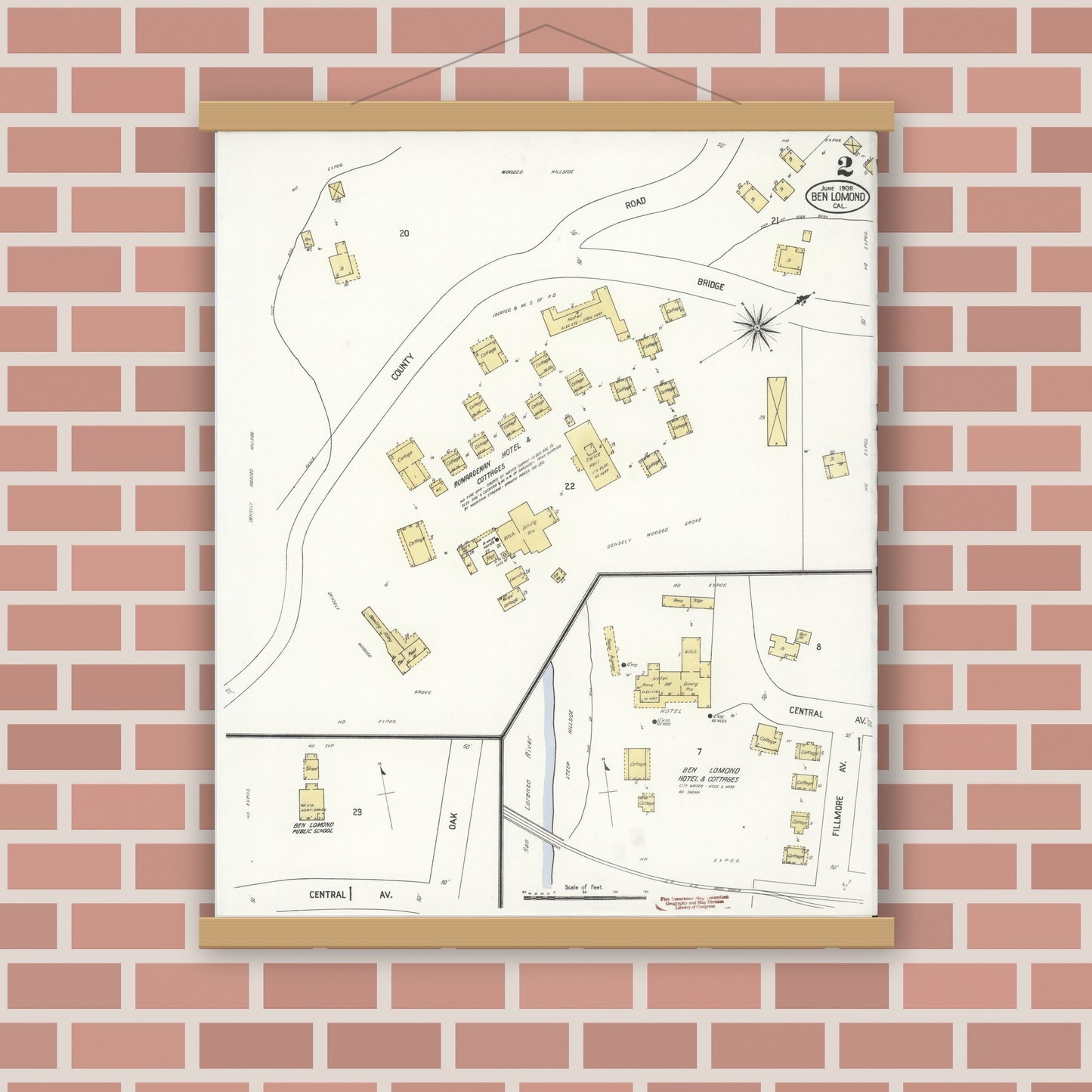 Old map wall art mockup — magnetic wood frame on brick wall — Sanborn Fire Insurance Map from Ben Lomond, Santa Cruz County, California (1908), Sheet #0002