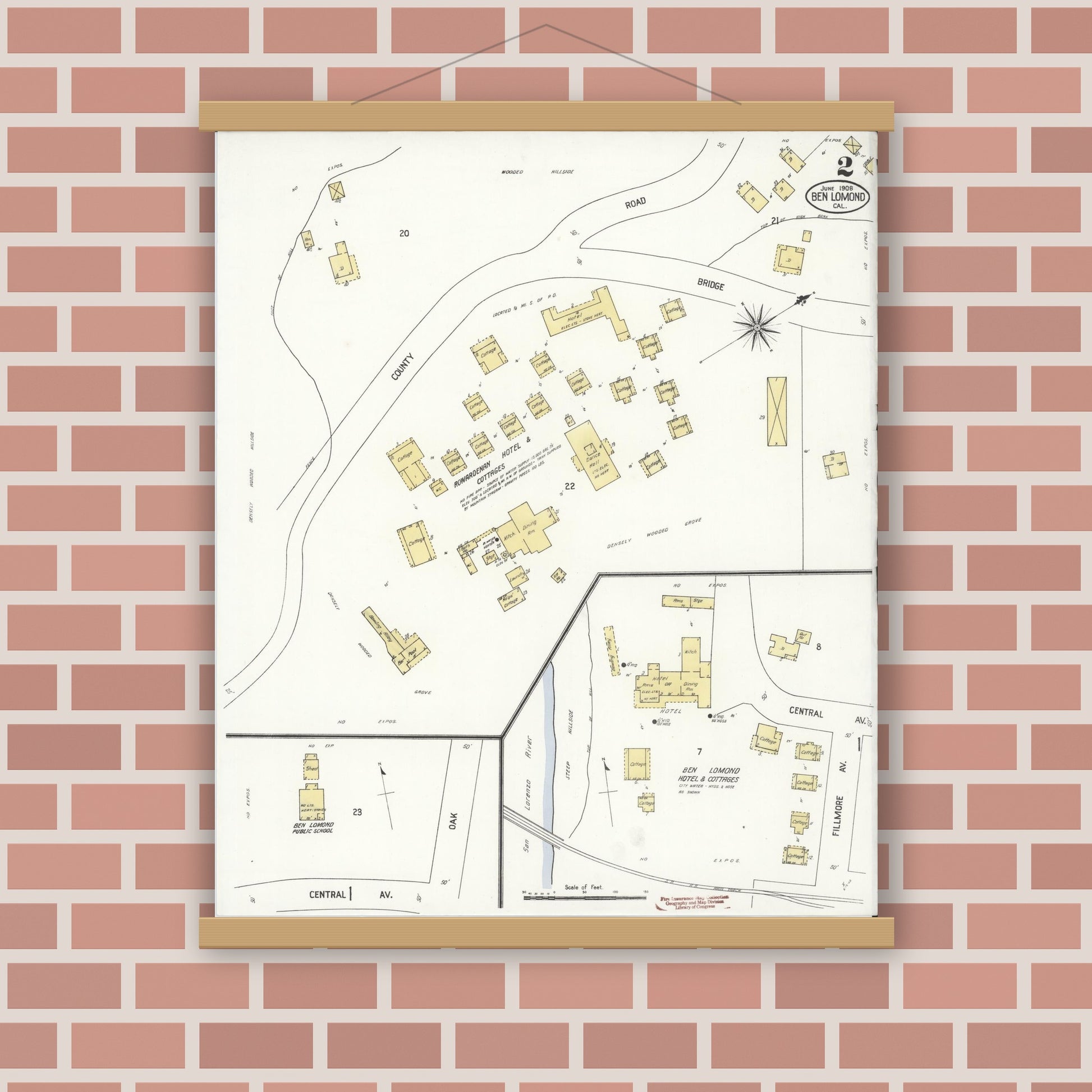 Old map wall art mockup — magnetic wood frame on brick wall — Sanborn Fire Insurance Map from Ben Lomond, Santa Cruz County, California (1908), Sheet #0002
