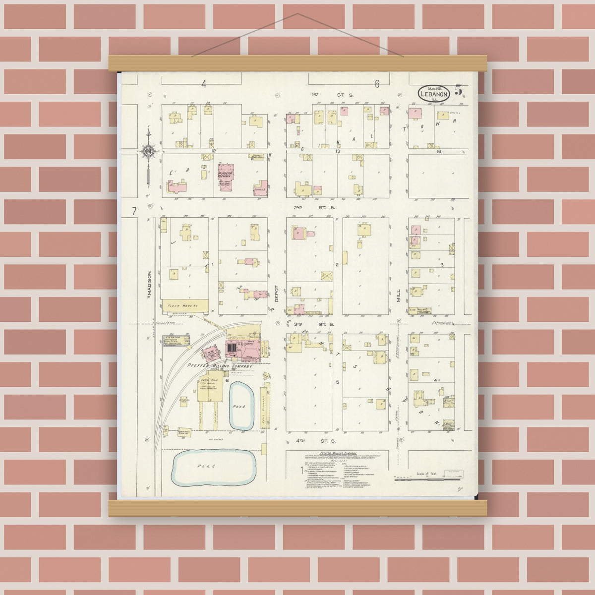 Old map wall art mockup — magnetic wood frame on brick wall — Sanborn Fire Insurance Map from Lebanon, Saint Clair County, Illinois (1914), Sheet #0005