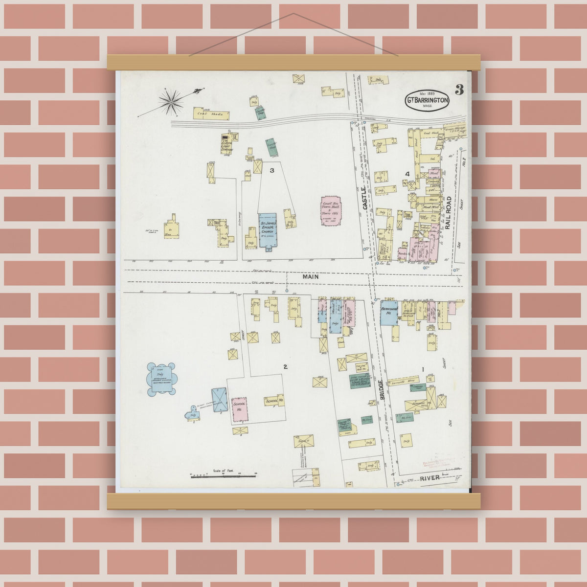 Old map wall art mockup — magnetic wood frame on brick wall — Sanborn Fire Insurance Map from Great Barrington, Berkshire County, Massachusetts (1889), Sheet #0003