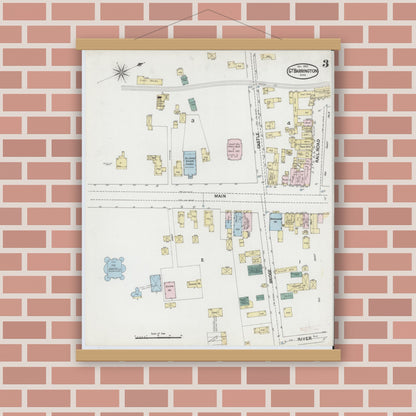 Old map wall art mockup — magnetic wood frame on brick wall — Sanborn Fire Insurance Map from Great Barrington, Berkshire County, Massachusetts (1889), Sheet #0003