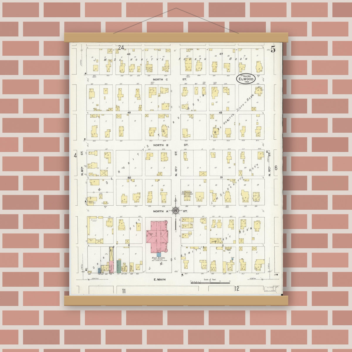Old map wall art mockup — magnetic wood frame on brick wall — Sanborn Fire Insurance Map from Elwood, Madison County, Indiana (1910), Sheet #0005