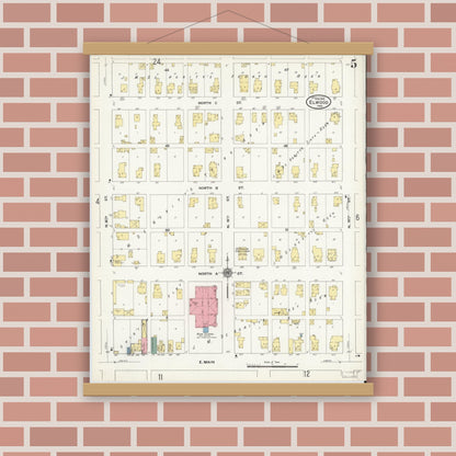 Old map wall art mockup — magnetic wood frame on brick wall — Sanborn Fire Insurance Map from Elwood, Madison County, Indiana (1910), Sheet #0005