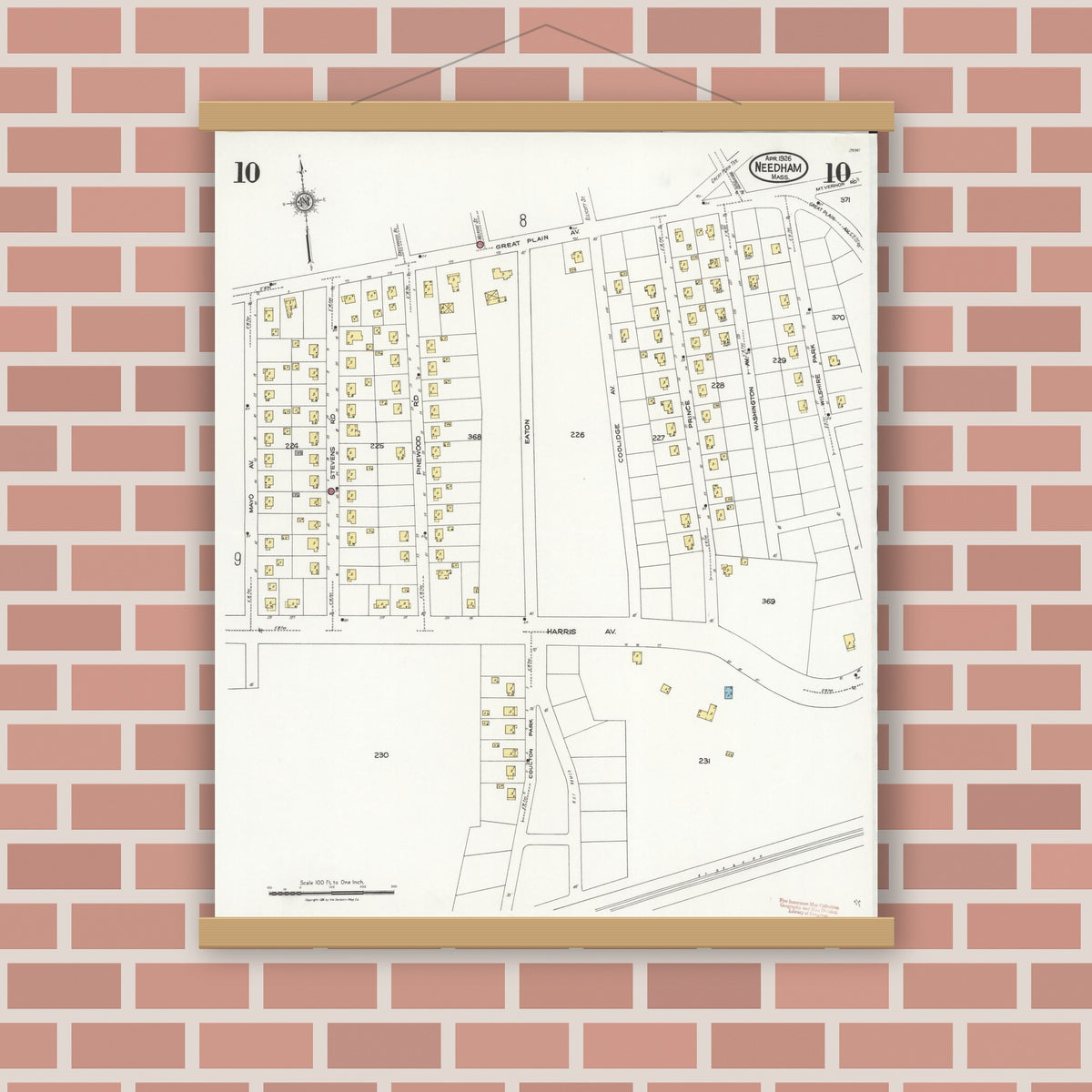 Old map wall art mockup — magnetic wood frame on brick wall — Sanborn Fire Insurance Map from Needham, Norfolk County, Massachusetts (1926), Sheet #0010