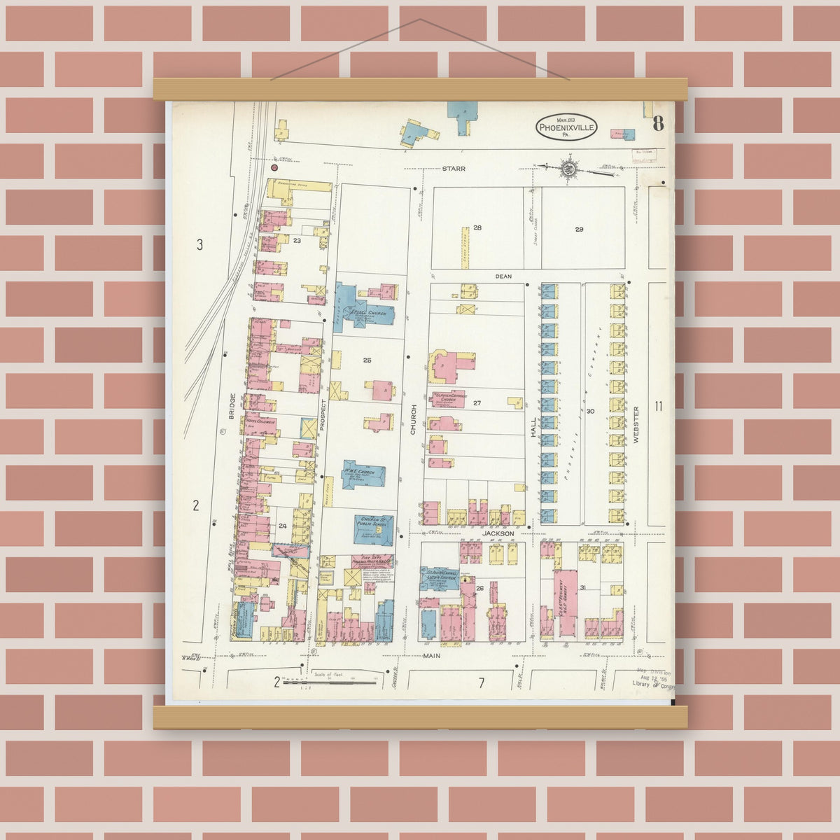 Old map wall art mockup — magnetic wood frame on brick wall — Sanborn Fire Insurance Map from Phoenixville, Chester County, Pennsylvania (1913), Sheet #0008