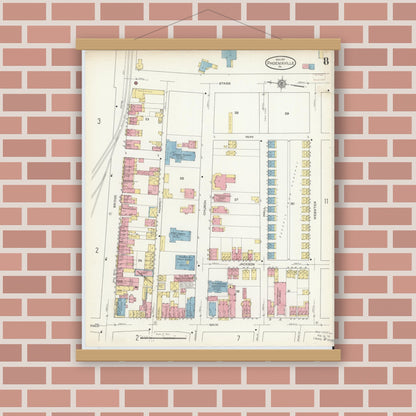 Old map wall art mockup — magnetic wood frame on brick wall — Sanborn Fire Insurance Map from Phoenixville, Chester County, Pennsylvania (1913), Sheet #0008