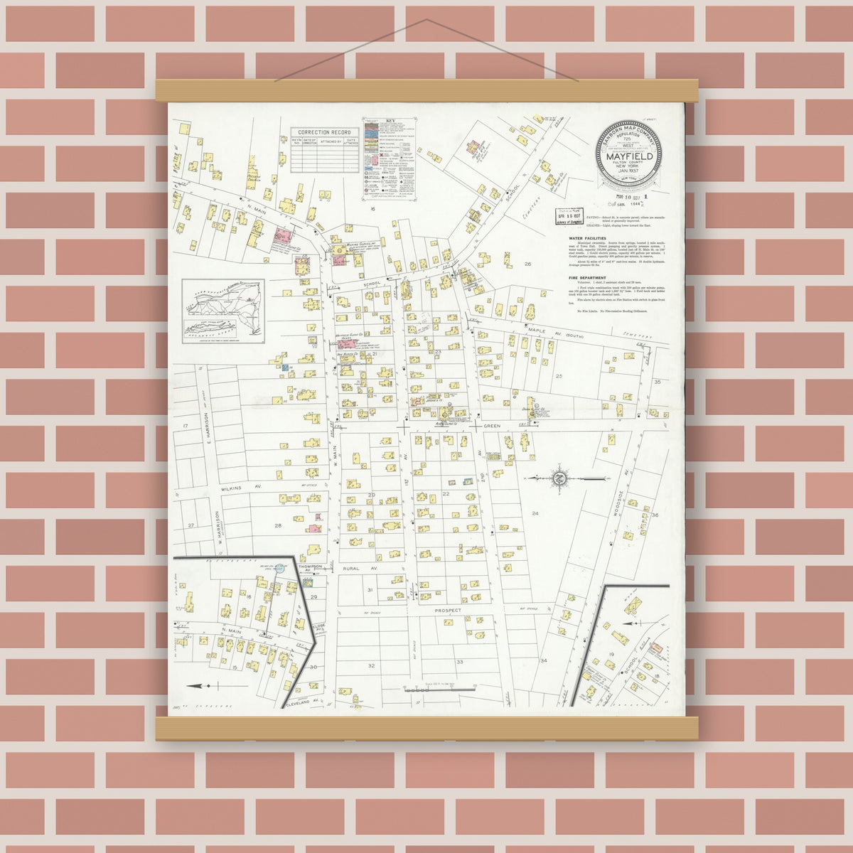 Old map wall art mockup — magnetic wood frame on brick wall — Sanborn Fire Insurance Map from Mayfield, Fulton County, New York (1937), Sheet #0001