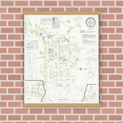 Old map wall art mockup — magnetic wood frame on brick wall — Sanborn Fire Insurance Map from Mayfield, Fulton County, New York (1937), Sheet #0001