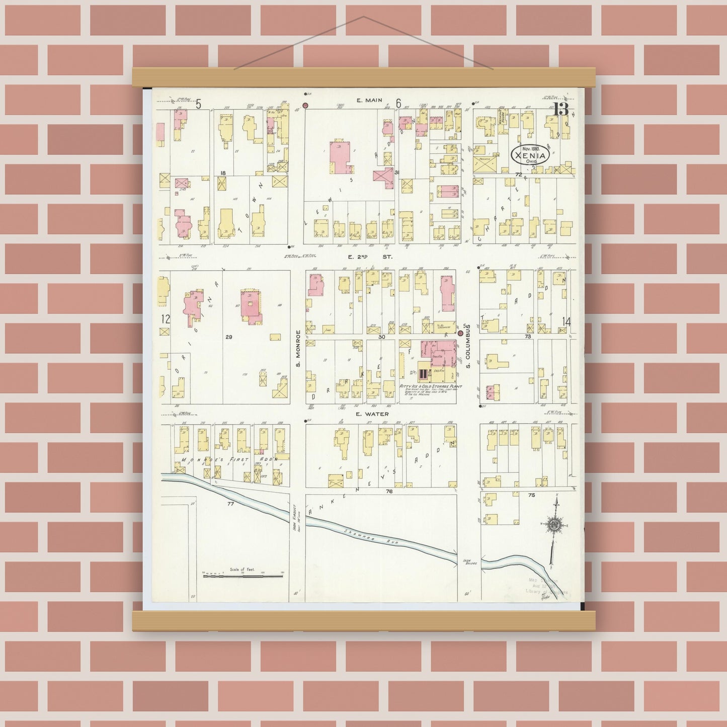 Old map wall art mockup — magnetic wood frame on brick wall — Sanborn Fire Insurance Map from Xenia, Greene County, Ohio (1910), Sheet #0013