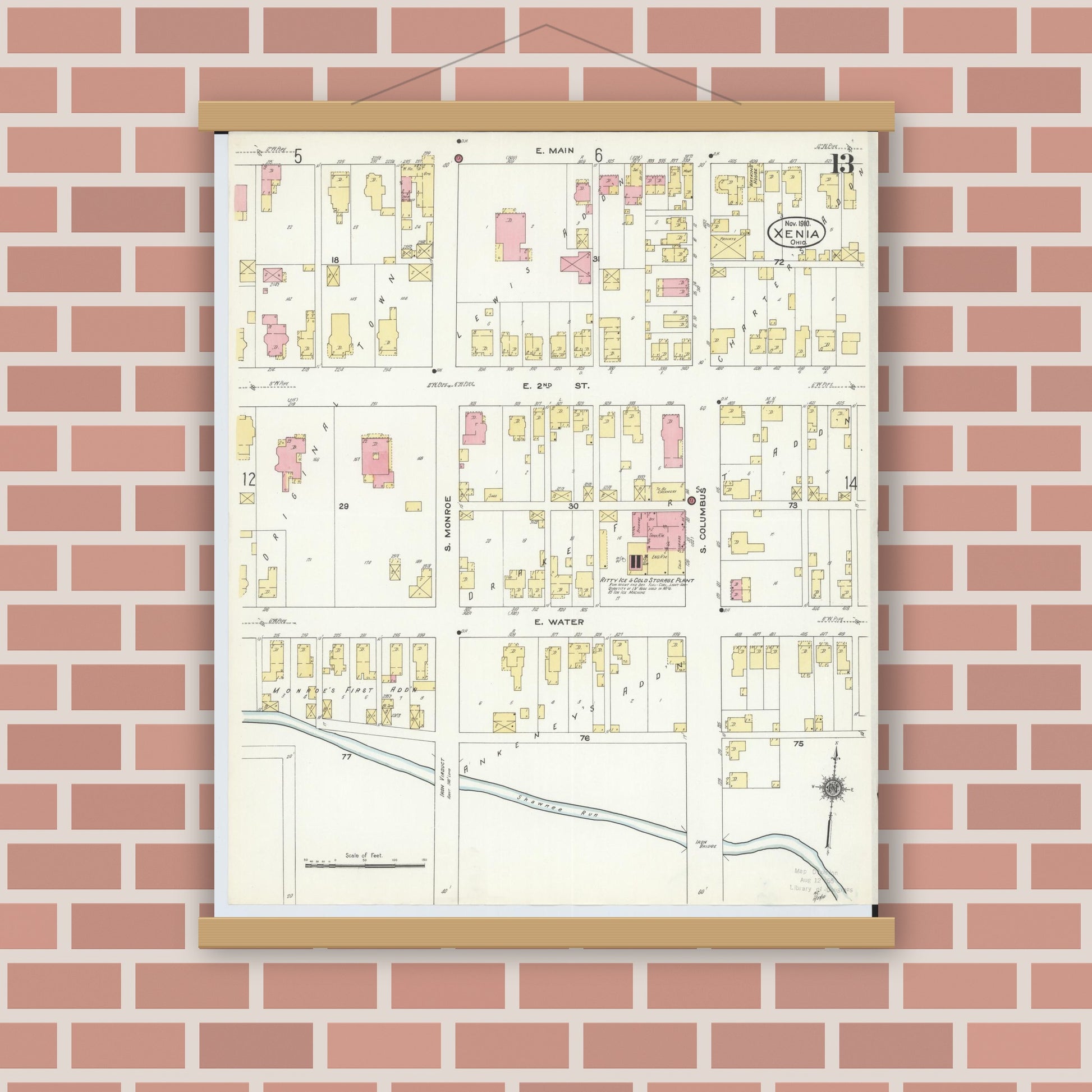 Old map wall art mockup — magnetic wood frame on brick wall — Sanborn Fire Insurance Map from Xenia, Greene County, Ohio (1910), Sheet #0013
