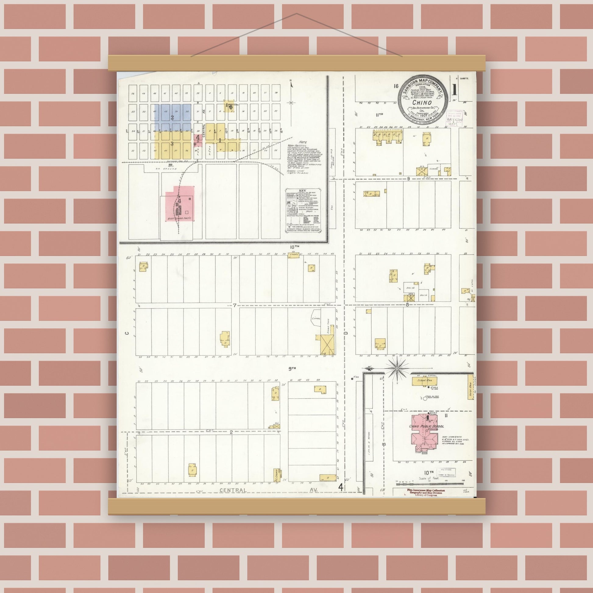 Old map wall art mockup — magnetic wood frame on brick wall — Sanborn Fire Insurance Map from Chino, San Bernardino County, California (1907), Sheet #0001