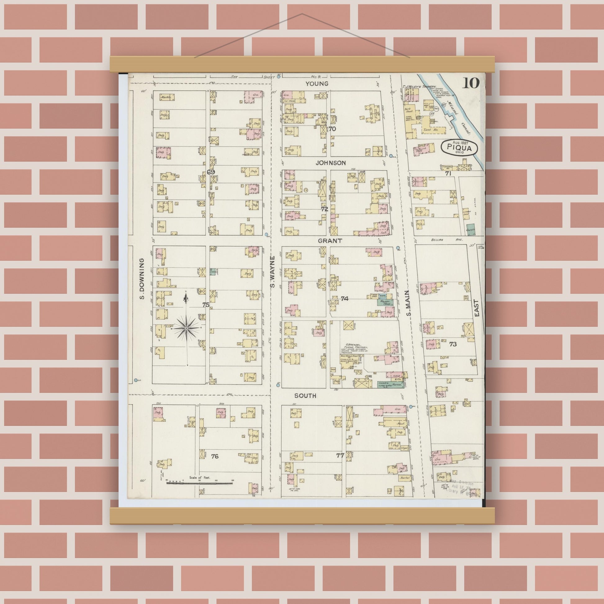 Old map wall art mockup — magnetic wood frame on brick wall — Sanborn Fire Insurance Map from Piqua, Miami County, Ohio (1887), Sheet #0010