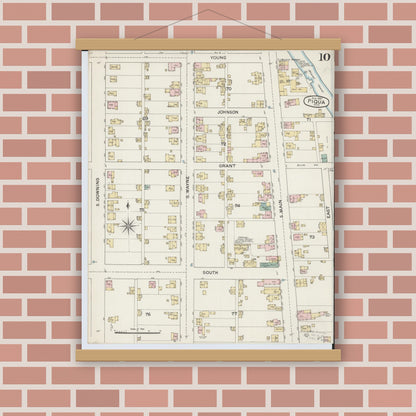 Old map wall art mockup — magnetic wood frame on brick wall — Sanborn Fire Insurance Map from Piqua, Miami County, Ohio (1887), Sheet #0010