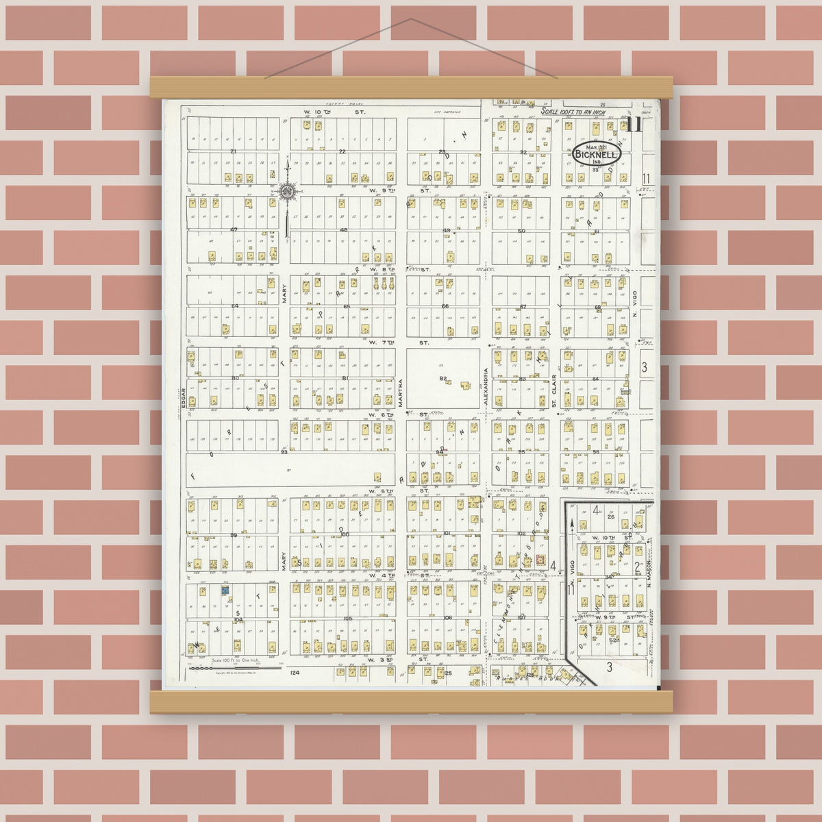 Old map wall art mockup — magnetic wood frame on brick wall — Sanborn Fire Insurance Map from Bicknell, Knox County, Indiana (1921), Sheet #0011