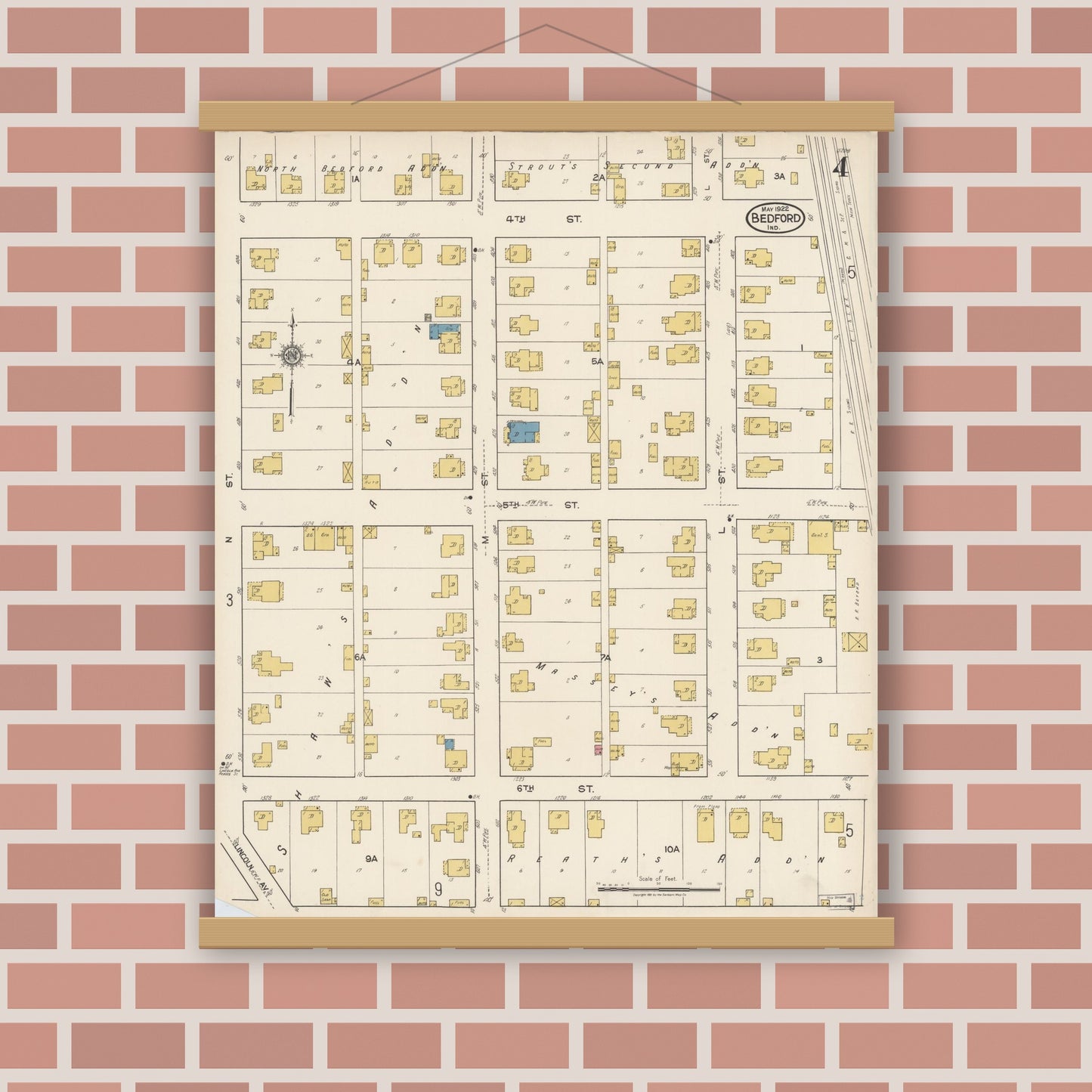 Old map wall art mockup — magnetic wood frame on brick wall — Sanborn Fire Insurance Map from Bedford, Lawrence County, Indiana (1922), Sheet #0004