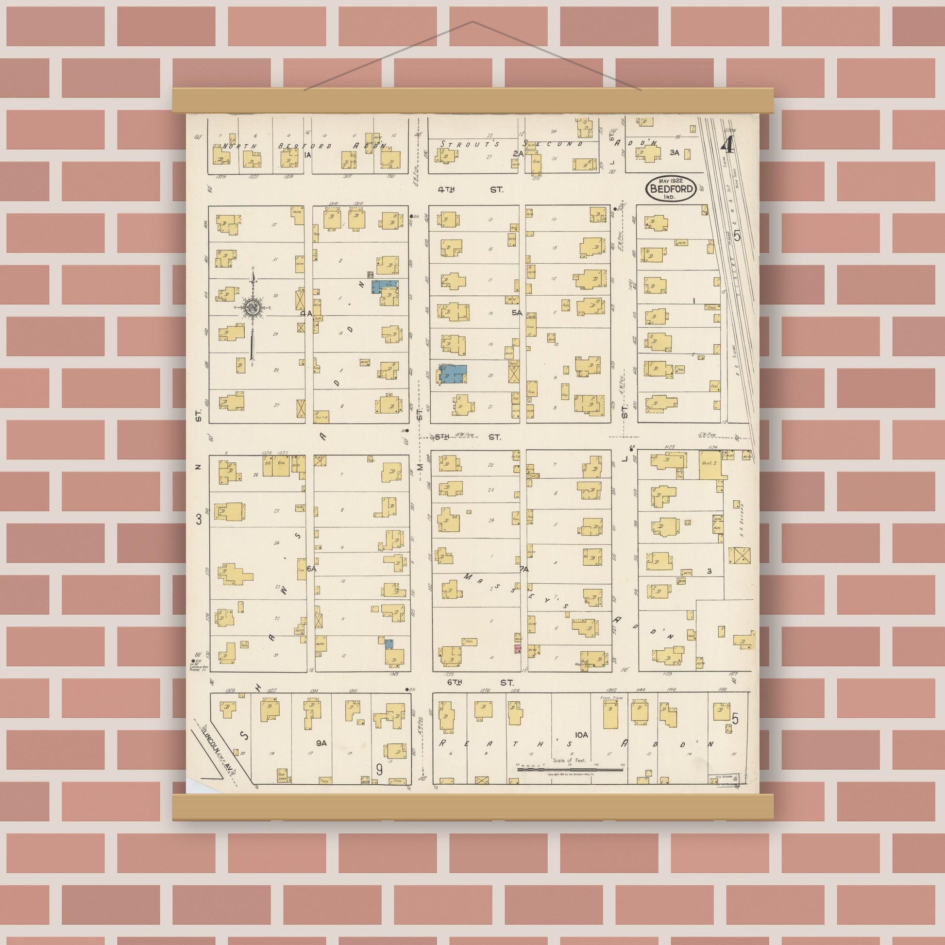 Old map wall art mockup — magnetic wood frame on brick wall — Sanborn Fire Insurance Map from Bedford, Lawrence County, Indiana (1922), Sheet #0004