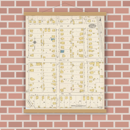 Old map wall art mockup — magnetic wood frame on brick wall — Sanborn Fire Insurance Map from Bedford, Lawrence County, Indiana (1922), Sheet #0004