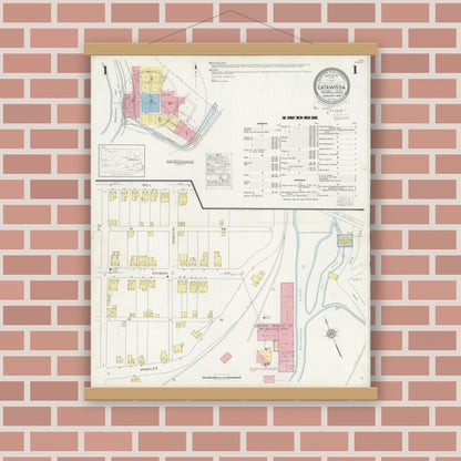 Old map wall art mockup — magnetic wood frame on brick wall — Sanborn Fire Insurance Map from Catawissa, Columbia County, Pennsylvania (1930), Sheet #0001