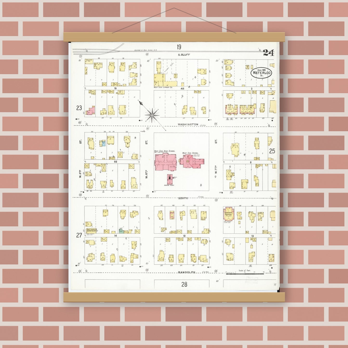 Old map wall art mockup — magnetic wood frame on brick wall — Sanborn Fire Insurance Map from Waterloo, Black Hawk County, Iowa (1906), Sheet #0024