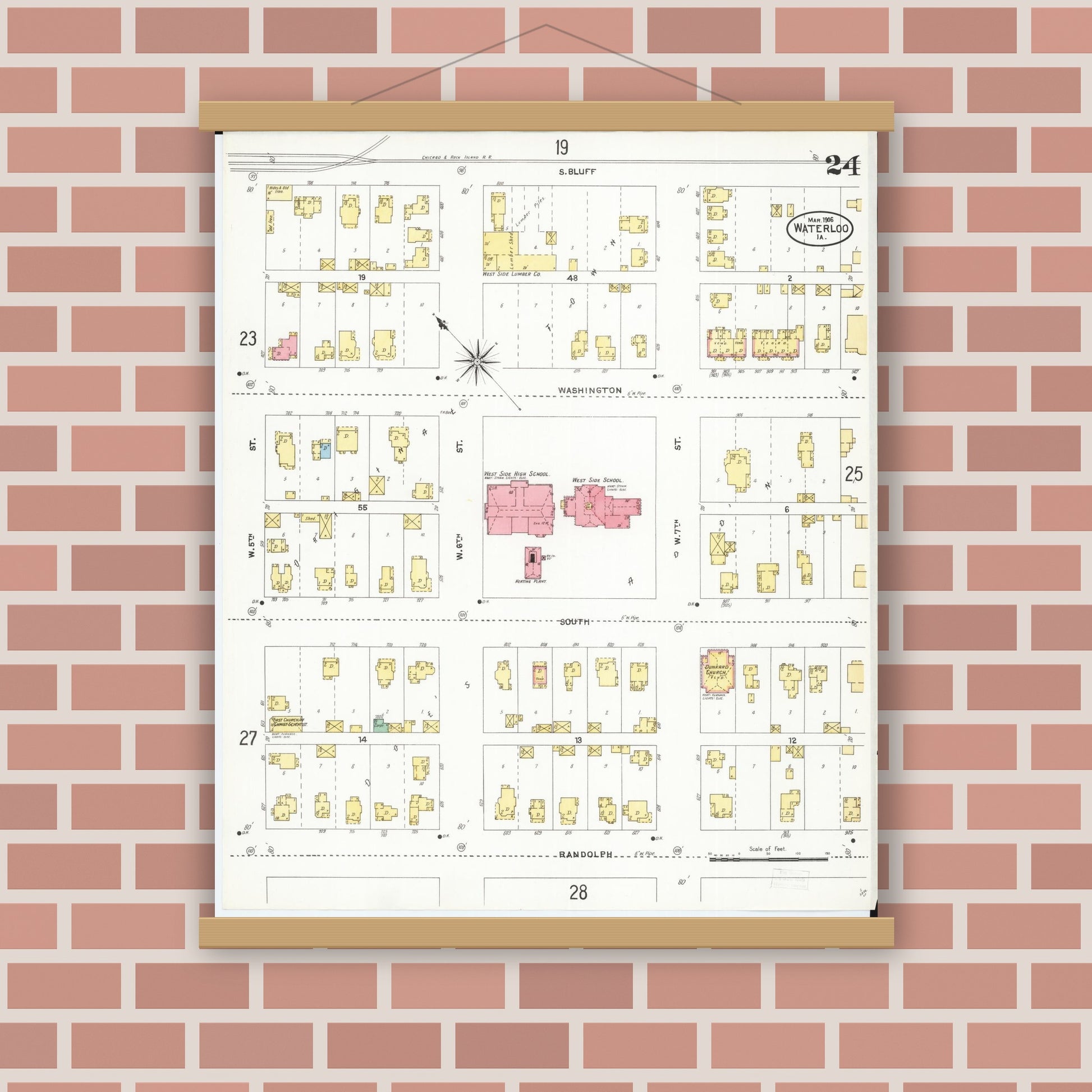 Old map wall art mockup — magnetic wood frame on brick wall — Sanborn Fire Insurance Map from Waterloo, Black Hawk County, Iowa (1906), Sheet #0024