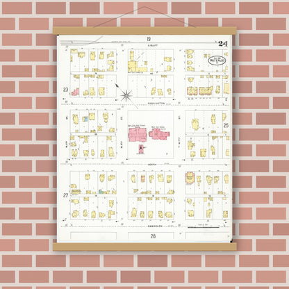 Old map wall art mockup — magnetic wood frame on brick wall — Sanborn Fire Insurance Map from Waterloo, Black Hawk County, Iowa (1906), Sheet #0024
