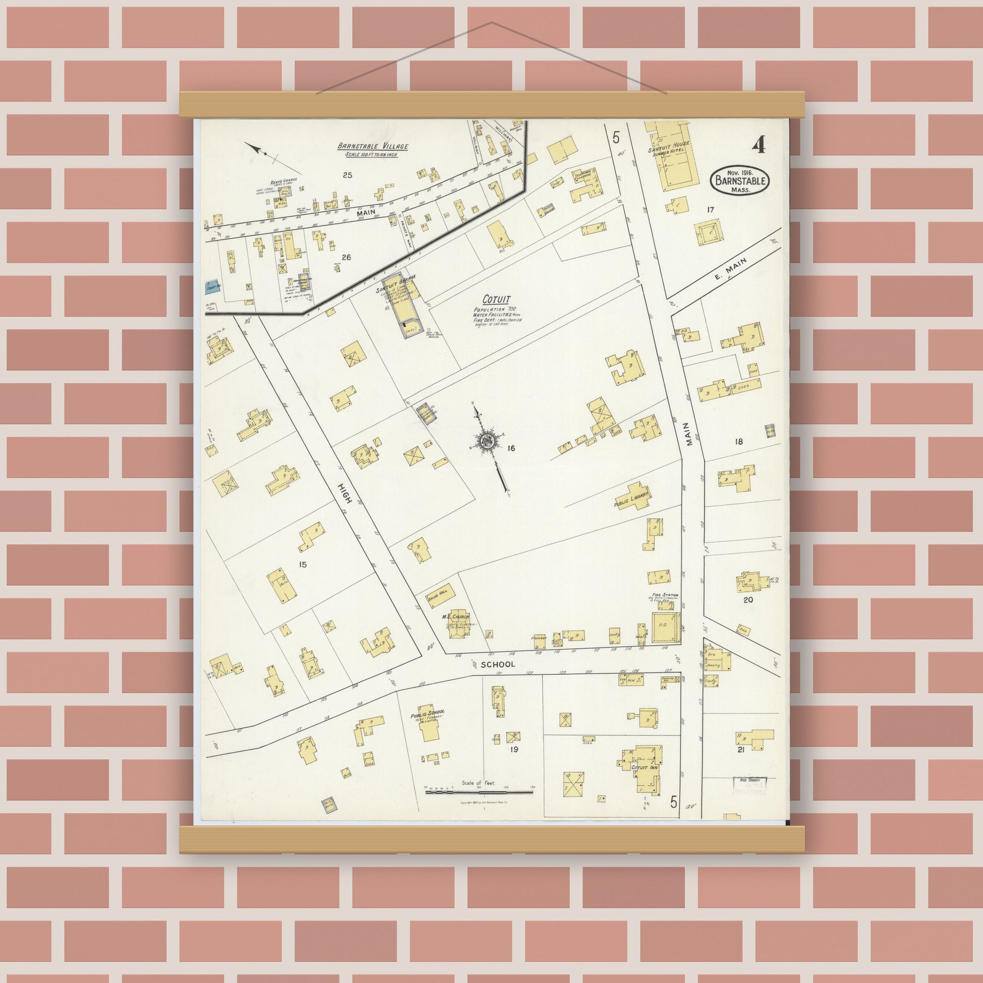 Old map wall art mockup — magnetic wood frame on brick wall — Sanborn Fire Insurance Map from Barnstable, Barnstable County, Massachusetts (1916), Sheet #0004