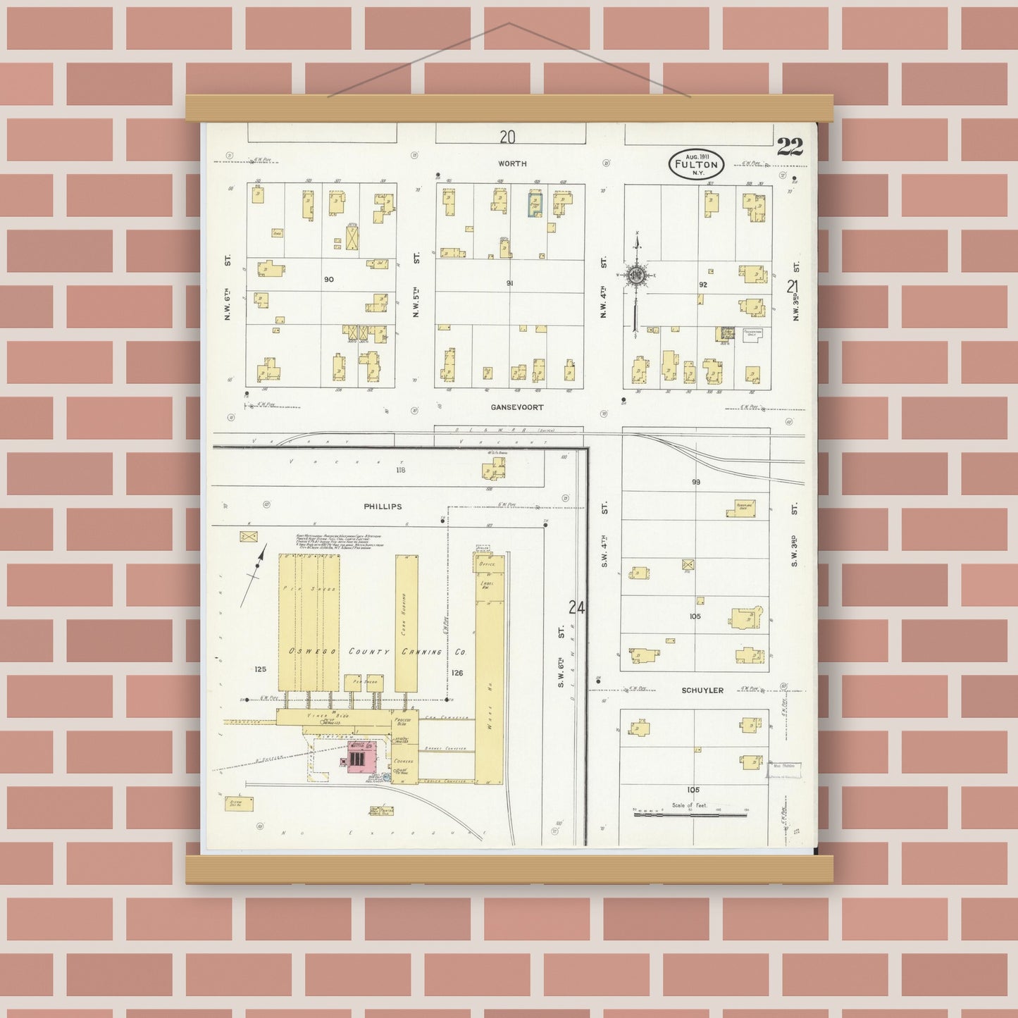 Old map wall art mockup — magnetic wood frame on brick wall — Sanborn Fire Insurance Map from Fulton, Oswego County, New York (1911), Sheet #0022