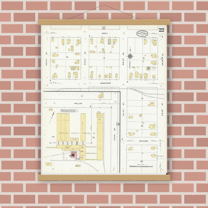 Old map wall art mockup — magnetic wood frame on brick wall — Sanborn Fire Insurance Map from Fulton, Oswego County, New York (1911), Sheet #0022