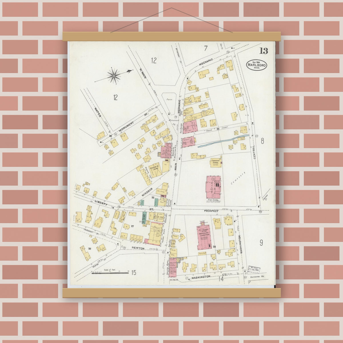 Old map wall art mockup — magnetic wood frame on brick wall — Sanborn Fire Insurance Map from Marlborough, Middlesex County, Massachusetts (1906), Sheet #0013