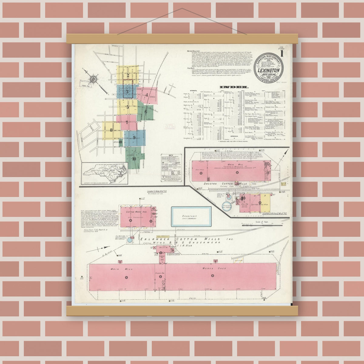 Old map wall art mockup — magnetic wood frame on brick wall — Sanborn Fire Insurance Map from Lexington, Davidson County, North Carolina (1913), Sheet #0001
