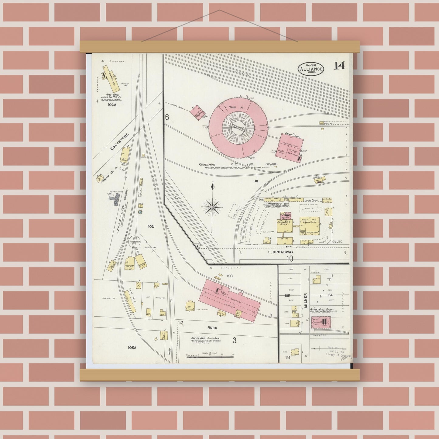 Old map wall art mockup — magnetic wood frame on brick wall — Sanborn Fire Insurance Map from Alliance, Stark County, Ohio (1898), Sheet #0014