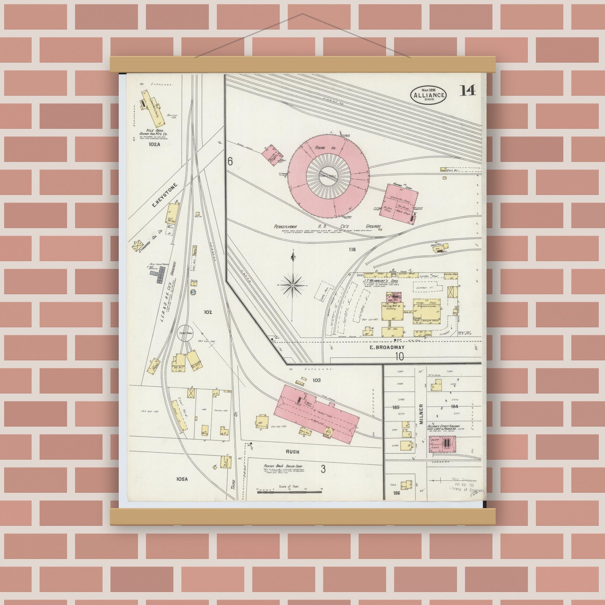Old map wall art mockup — magnetic wood frame on brick wall — Sanborn Fire Insurance Map from Alliance, Stark County, Ohio (1898), Sheet #0014