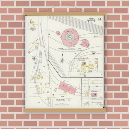 Old map wall art mockup — magnetic wood frame on brick wall — Sanborn Fire Insurance Map from Alliance, Stark County, Ohio (1898), Sheet #0014